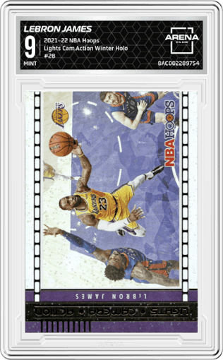 LeBron James from the 2021-22 Panini NBA Hoops set featuring a Winter Holo parallel graded by Arena Club and given an overall grade of 9.