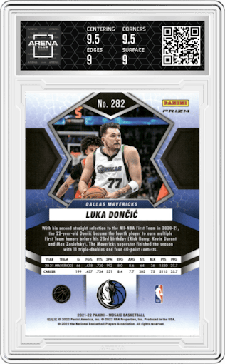 Luka Doncic from the 2021-22 Panini Mosaic  set featuring a Red Wave parallel graded by Arena Club and given an overall grade of 9.5.