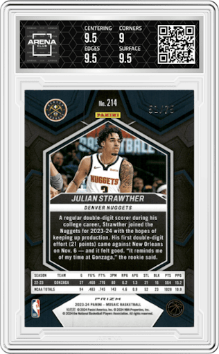 Julian Strawther from the 2023-24 Panini Mosaic set featuring a Choice Fusion Red & Yellow parallel graded by Arena Club and given an overall grade of 9.5.