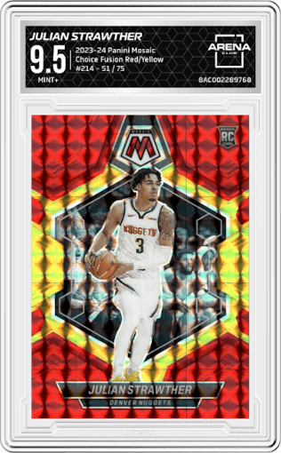 Julian Strawther from the 2023-24 Panini Mosaic set featuring a Choice Fusion Red & Yellow parallel graded by Arena Club and given an overall grade of 9.5.