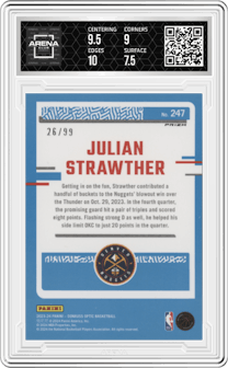 Julian Strawther from the 2023-24 Donruss Optic set featuring a Red/Gold International parallel graded by Arena Club and given an overall grade of 8.