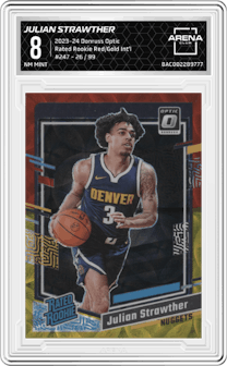 Julian Strawther from the 2023-24 Donruss Optic set featuring a Red/Gold International parallel graded by Arena Club and given an overall grade of 8.