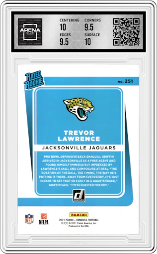 Trevor Lawrence from the 2021 Panini Donruss set graded by Arena Club and given an overall grade of 10.