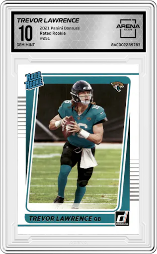 Trevor Lawrence from the 2021 Panini Donruss set graded by Arena Club and given an overall grade of 10.
