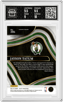 Jayson Tatum from the 2021-22 Panini Select set featuring a Red Wave parallel graded by Arena Club and given an overall grade of 9.5.