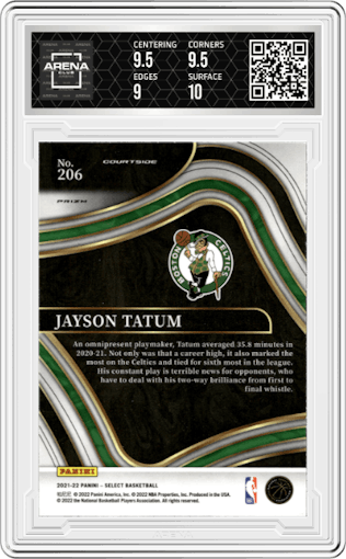 Jayson Tatum from the 2021-22 Panini Select set featuring a Red Wave parallel graded by Arena Club and given an overall grade of 9.5.