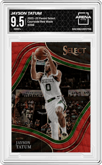 Jayson Tatum from the 2021-22 Panini Select set featuring a Red Wave parallel graded by Arena Club and given an overall grade of 9.5.