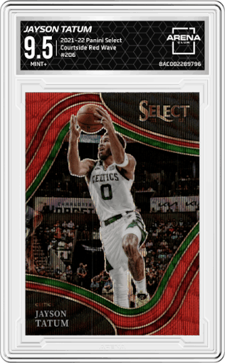 Jayson Tatum from the 2021-22 Panini Select set featuring a Red Wave parallel graded by Arena Club and given an overall grade of 9.5.