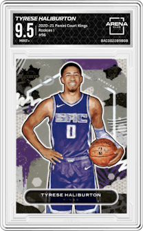 Tyrese Haliburton from the 2020-21 Panini Court Kings set graded by Arena Club and given an overall grade of 9.5.