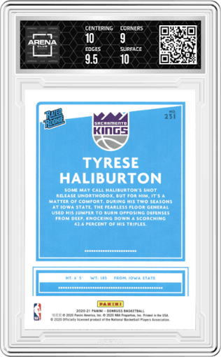 Tyrese Haliburton from the 2020-21 Panini Donruss set graded by Arena Club and given an overall grade of 9.5.