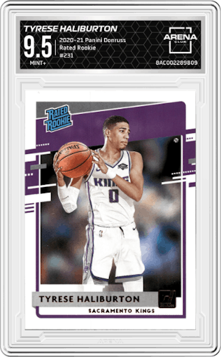 Tyrese Haliburton from the 2020-21 Panini Donruss set graded by Arena Club and given an overall grade of 9.5.