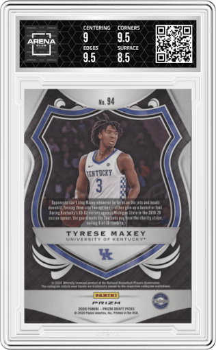 Tyrese Maxey from the 2020-21 Panini Prizm Draft Picks set featuring a Silver Prizm parallel graded by Arena Club and given an overall grade of 9.