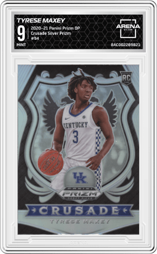 Tyrese Maxey from the 2020-21 Panini Prizm Draft Picks set featuring a Silver Prizm parallel graded by Arena Club and given an overall grade of 9.