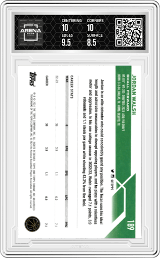 Jordan Walsh from the 2023-24 Topps Chrome set featuring a Purple Refractor parallel graded by Arena Club and given an overall grade of 9.