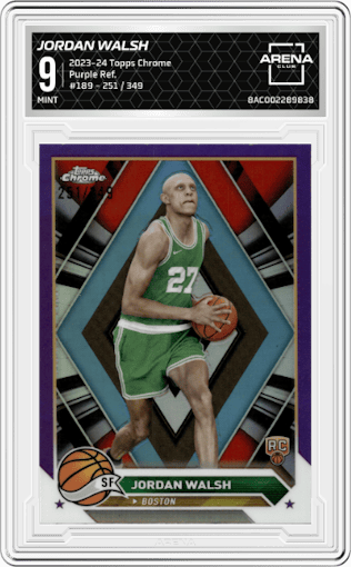 Jordan Walsh from the 2023-24 Topps Chrome set featuring a Purple Refractor parallel graded by Arena Club and given an overall grade of 9.