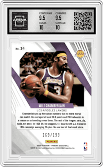 Wilt Chamberlain from the 2023-24 Panini Phoenix set featuring a Red parallel graded by Arena Club and given an overall grade of 10.