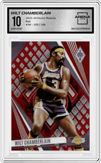 Wilt Chamberlain from the 2023-24 Panini Phoenix set featuring a Red parallel graded by Arena Club and given an overall grade of 10.
