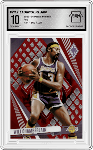 Wilt Chamberlain from the 2023-24 Panini Phoenix set featuring a Red parallel graded by Arena Club and given an overall grade of 10.