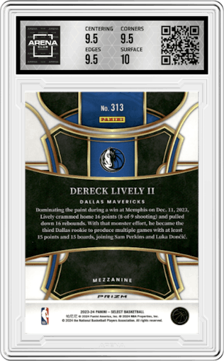 Dereck Lively II from the 2023-24 Panini Select  set featuring a Green Ice parallel graded by Arena Club and given an overall grade of 10.