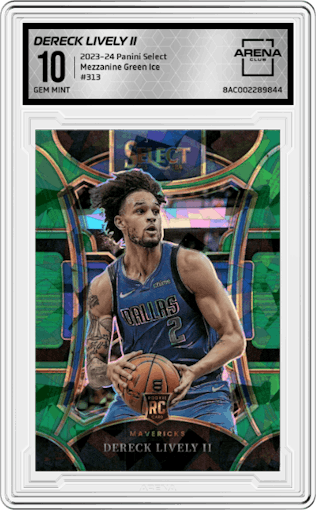 Dereck Lively II from the 2023-24 Panini Select  set featuring a Green Ice parallel graded by Arena Club and given an overall grade of 10.