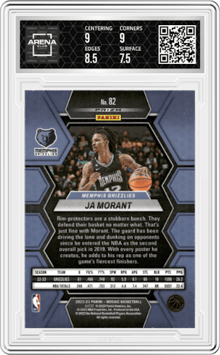Ja Morant from the 2022-23 Panini Mosaic set featuring a Blue Wave parallel graded by Arena Club and given an overall grade of 8.