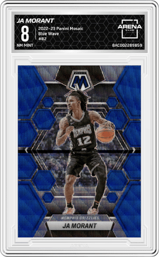Ja Morant from the 2022-23 Panini Mosaic set featuring a Blue Wave parallel graded by Arena Club and given an overall grade of 8.