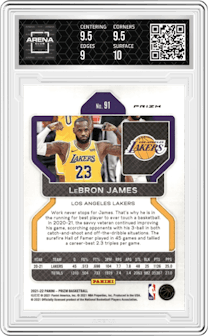LeBron James from the 2021-22 Panini Prizm  set featuring a Silver Wave parallel graded by Arena Club and given an overall grade of 9.5.