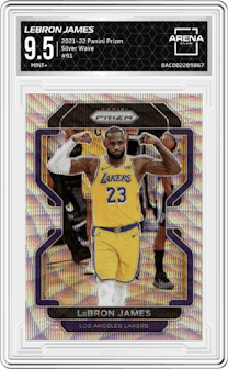 LeBron James from the 2021-22 Panini Prizm  set featuring a Silver Wave parallel graded by Arena Club and given an overall grade of 9.5.