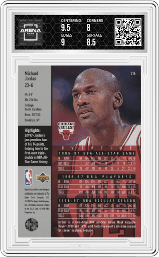 Michael Jordan from the 1997-98 Upper Deck set graded by Arena Club and given an overall grade of 8.5.
