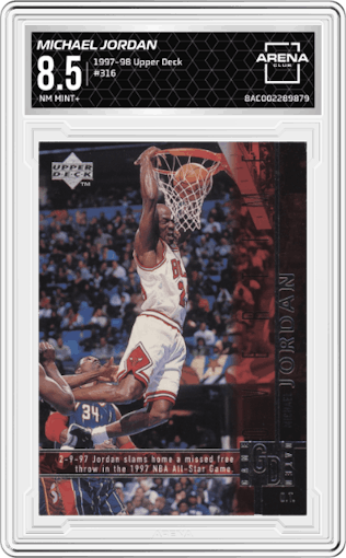 Michael Jordan from the 1997-98 Upper Deck set graded by Arena Club and given an overall grade of 8.5.