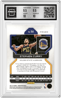 Stephen Curry  from the 2021-22 Panini Prizm  set featuring a Silver Wave parallel graded by Arena Club and given an overall grade of 10.