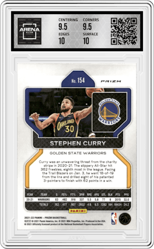 Stephen Curry  from the 2021-22 Panini Prizm  set featuring a Silver Wave parallel graded by Arena Club and given an overall grade of 10.