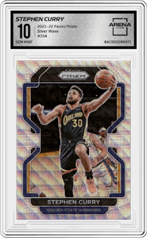 Stephen Curry  from the 2021-22 Panini Prizm  set featuring a Silver Wave parallel graded by Arena Club and given an overall grade of 10.