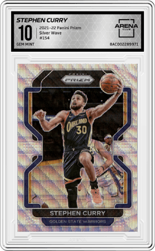 Stephen Curry  from the 2021-22 Panini Prizm  set featuring a Silver Wave parallel graded by Arena Club and given an overall grade of 10.