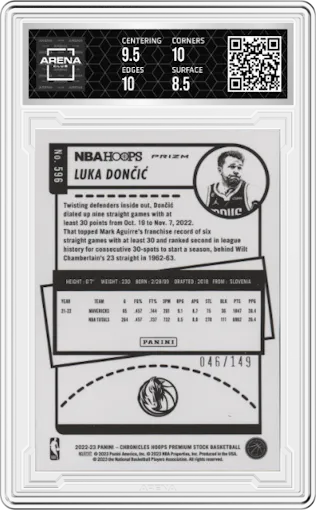 Luka Doncic from the 2022-23 Panini Chronicles  set featuring a Red parallel graded by Arena Club and given an overall grade of 9.