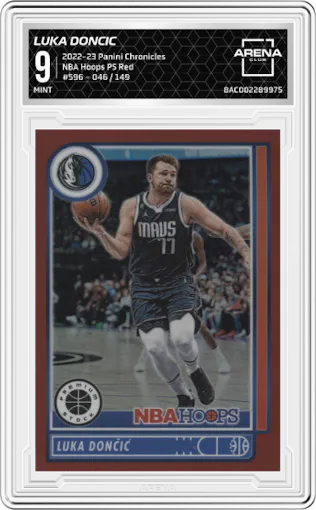 Luka Doncic from the 2022-23 Panini Chronicles  set featuring a Red parallel graded by Arena Club and given an overall grade of 9.