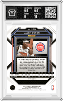 Jalen Duren from the 2022-23 Panini Prizm  set featuring a Pulsar parallel graded by Arena Club and given an overall grade of 9.5.