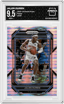 Jalen Duren from the 2022-23 Panini Prizm  set featuring a Pulsar parallel graded by Arena Club and given an overall grade of 9.5.