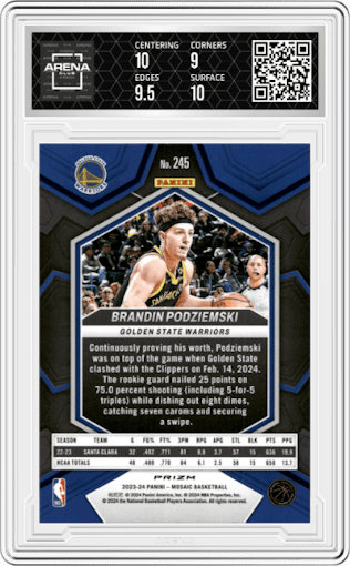 Brandin Podziemski  from the 2023-24 Panini Mosaic set featuring a Reactive Blue parallel graded by Arena Club and given an overall grade of 9.5.