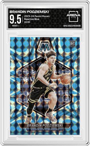Brandin Podziemski  from the 2023-24 Panini Mosaic set featuring a Reactive Blue parallel graded by Arena Club and given an overall grade of 9.5.