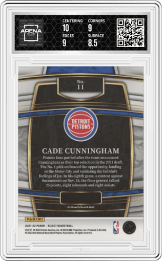 Cade Cunningham from the 2021-22 Panini Select set graded by Arena Club and given an overall grade of 9.