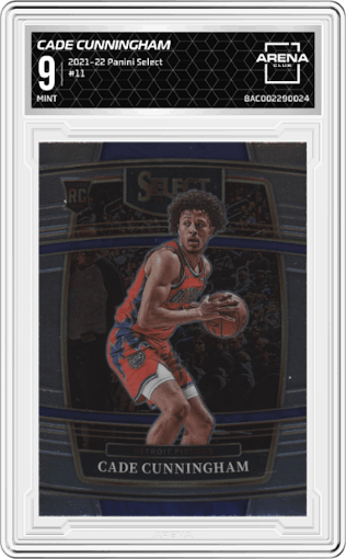 Cade Cunningham from the 2021-22 Panini Select set graded by Arena Club and given an overall grade of 9.