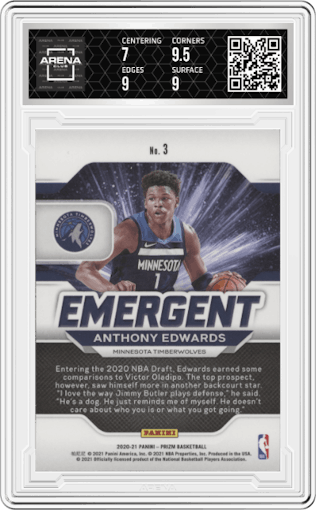 Anthony Edwards from the 2020-21 Panini Prizm set graded by Arena Club and given an overall grade of 7.5.