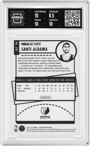 Santi Aldama from the 2021-22 Panini NBA Hoops set featuring a 75th Anniversary parallel graded by Arena Club and given an overall grade of 9.