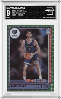 Santi Aldama from the 2021-22 Panini NBA Hoops set featuring a 75th Anniversary parallel graded by Arena Club and given an overall grade of 9.