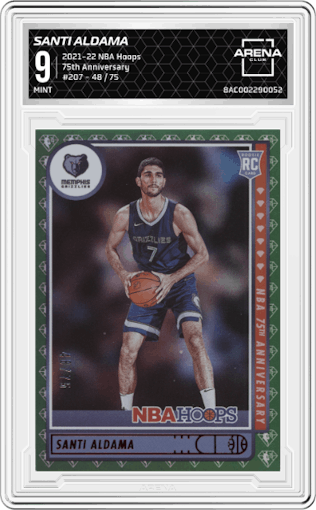Santi Aldama from the 2021-22 Panini NBA Hoops set featuring a 75th Anniversary parallel graded by Arena Club and given an overall grade of 9.