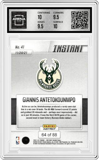 Giannis Antetokounmpo from the 2021-22 Panini Instant NBA set featuring a New Year parallel graded by Arena Club and given an overall grade of 10.