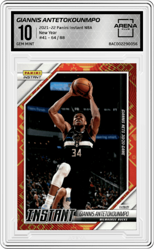 Giannis Antetokounmpo from the 2021-22 Panini Instant NBA set featuring a New Year parallel graded by Arena Club and given an overall grade of 10.