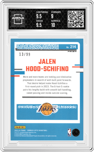 Jalen Hood-Schifino from the 2023-24 Donruss Optic set featuring a Red/Gold International parallel graded by Arena Club and given an overall grade of 9.5.