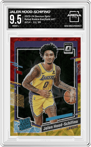 Jalen Hood-Schifino from the 2023-24 Donruss Optic set featuring a Red/Gold International parallel graded by Arena Club and given an overall grade of 9.5.